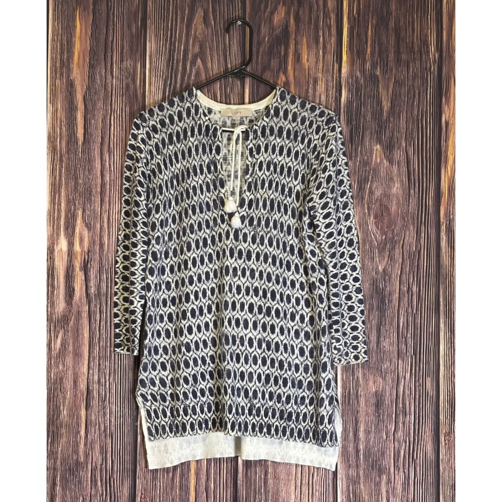 LOFT Tunic Top Blouse Womens M Navy White Geometric Print Pom Pom Drawstring